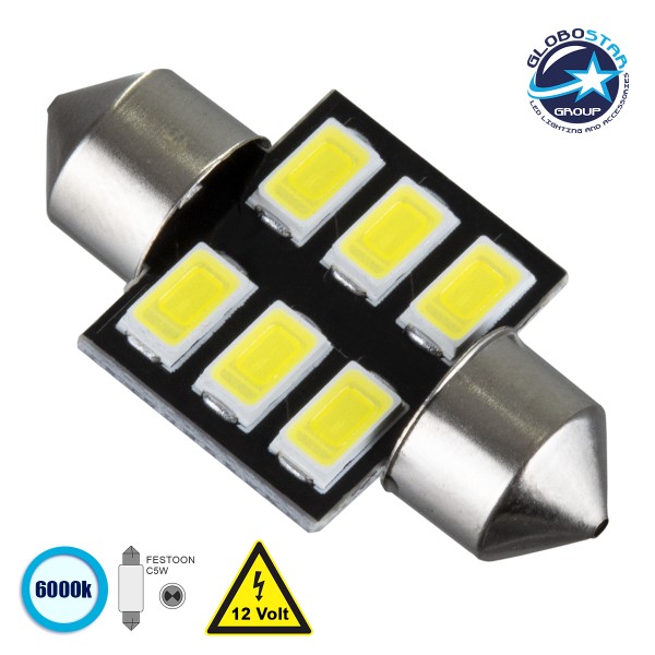 GloboStar® 81305 Λάμπα Αυτοκίνητου 31mm FESTOON - C5W LED 6 SMD 5630 3W 450lm 120° DC 12V IP20 Ψυχρό Λευκό 6000K