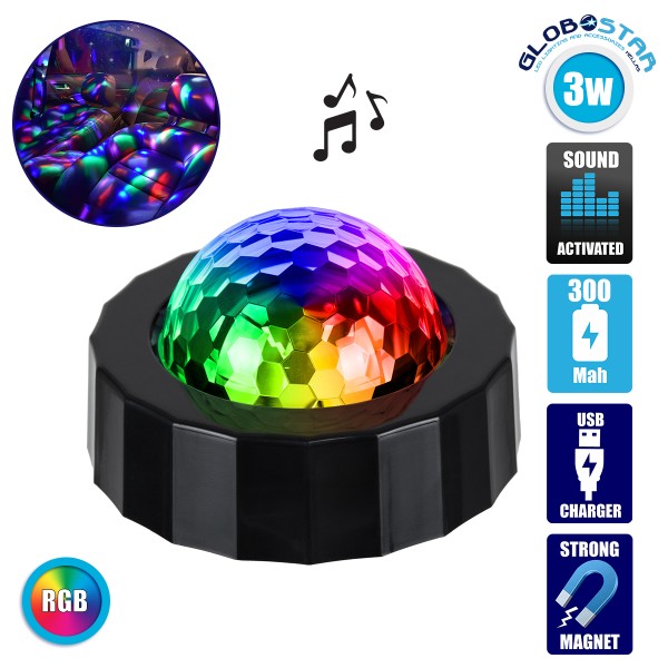 GloboStar® 81844 Φορητό Διακοσμητικό Φωτιστικό Ειδικών Φωτορυθμικών Εφέ PARTY Disco LED 3W DC 5V 300mAh Επαναφορτιζόμενο - Sound Activated - Καλώδιο Τροφοδοσίας USB - Βάση με Μαγνήτη - Πολύχρωμo RGB IP20 Μ7.5 x Π7.5 x Υ4.5cm