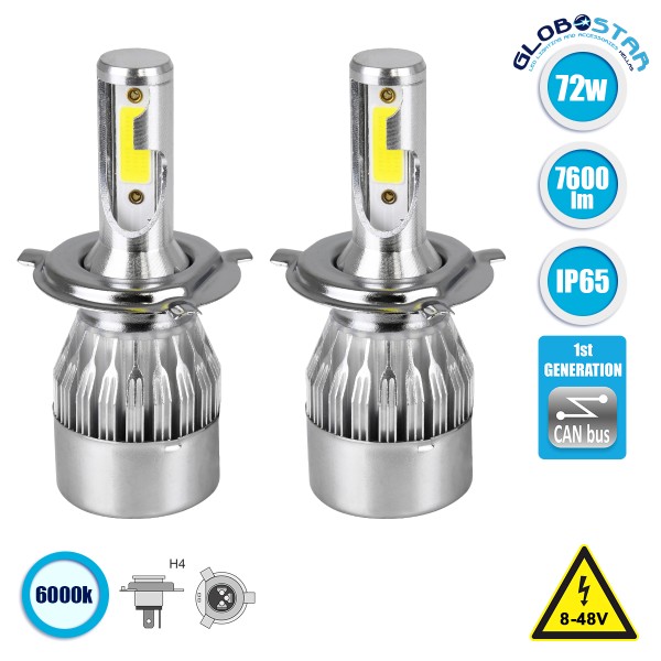 GloboStar® 82002 H4 C6 Line KIT Βασικού Φωτισμού Αυτοκινήτου & Φορτηγού 1st Generation Can-Bus Series LED CREE CXB COB 72W 7600lm DC 8-48V Αδιάβροχο IP65 Ψυχρό Λευκό 6000K