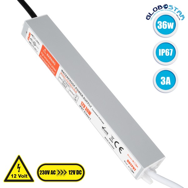 GloboStar® 73051 Μεταλλικό Τροφοδοτικό SELV για Προϊόντα LED 36W 3A - AC 220-240V σε DC 12V - Αδιάβροχο IP67 L22.1 x W3 x H2cm - 3 Χρόνια Εγγύηση