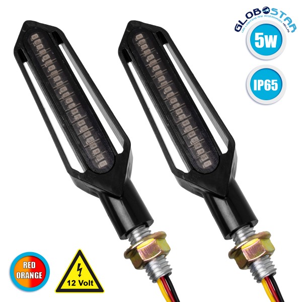 GloboStar® 81756 ΣΕΤ 2 x Φλάς Μοτοσυκλέτας Universal Knife LED SMD 5050 5W DC 12V 2 Λειτουργιών Κόκκινο για Πορείας-Stop & με Τρεχούμενο Εφέ Φωτισμού Πορτοκαλί για Φλας Αδιάβροχα IP65