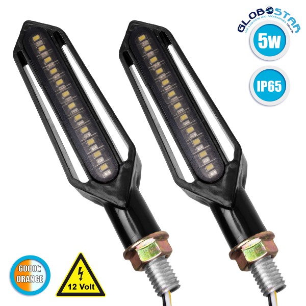 GloboStar® 81757 ΣΕΤ 2 x Φλάς Μοτοσυκλέτας Universal Knife LED SMD 5050 5W DC 12V 2 Λειτουργιών Λευκό 6000K για Φώτα Ημέρας & με Τρεχούμενο Εφέ Φωτισμού Πορτοκαλί για Φλας Αδιάβροχα IP65
