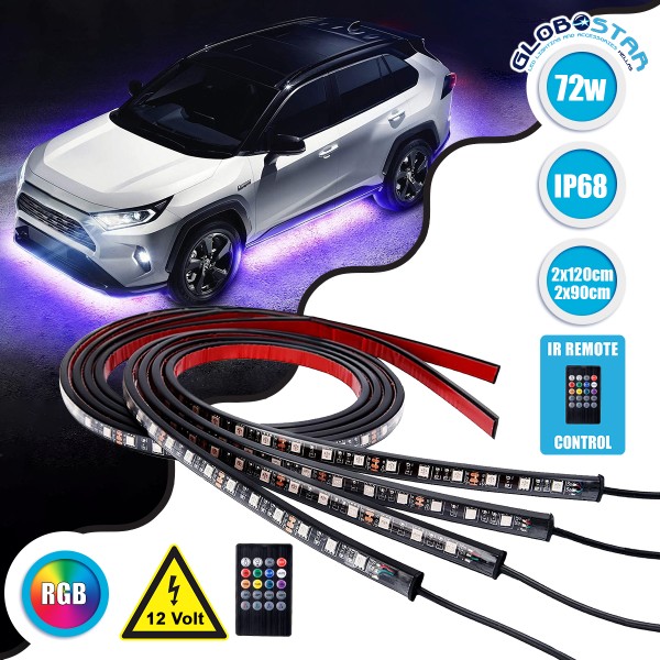 GloboStar® 81841 Car Underbody LED Tube Kit DC 12V 72W με Ασύρματο Χειριστήριο IR Αδιάβροχο IP68 Πολύχρωμο RGB