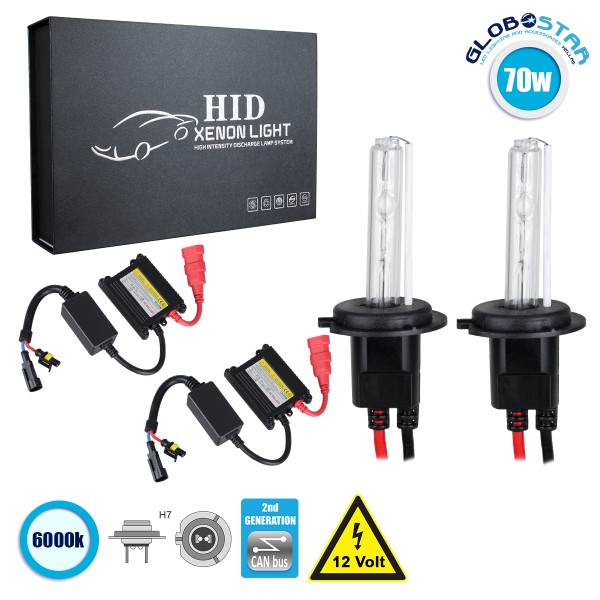 GloboStar® 84103 H7 CB Line KIT Βασικού Φωτισμού Αυτοκινήτου & Μοτοσυκλέτας 2nd Generation Can-Bus Series XENON 70W 6400lm DC 9-16V Αδιάβροχο IP65 Ψυχρό Λευκό 6000K
