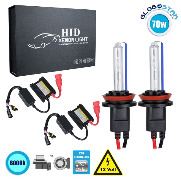 GloboStar® 84115 H8 CB Line KIT Βασικού Φωτισμού Αυτοκινήτου & Μοτοσυκλέτας 2nd Generation Can-Bus Series XENON 70W 6400lm DC 9-16V Αδιάβροχο IP65 Ψυχρό Λευκό 8000K