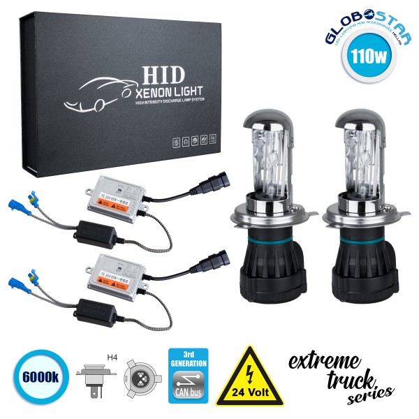 GloboStar® 84124 H4 XCB Line KIT Βασικού Φωτισμού Φορτηγού 3rd Generation Can-Bus Extreme Truck Series Bi-XENON 110W 10350lm DC 24V Αδιάβροχο IP65 Ψυχρό Λευκό 6000K