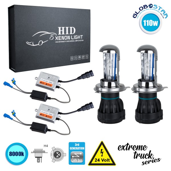 GloboStar® 84135 H4 XCB Line KIT Βασικού Φωτισμού Φορτηγού 3rd Generation Can-Bus Extreme Truck Series Bi-XENON 110W 10350lm DC 24V Αδιάβροχο IP65 Ψυχρό Λευκό 8000K