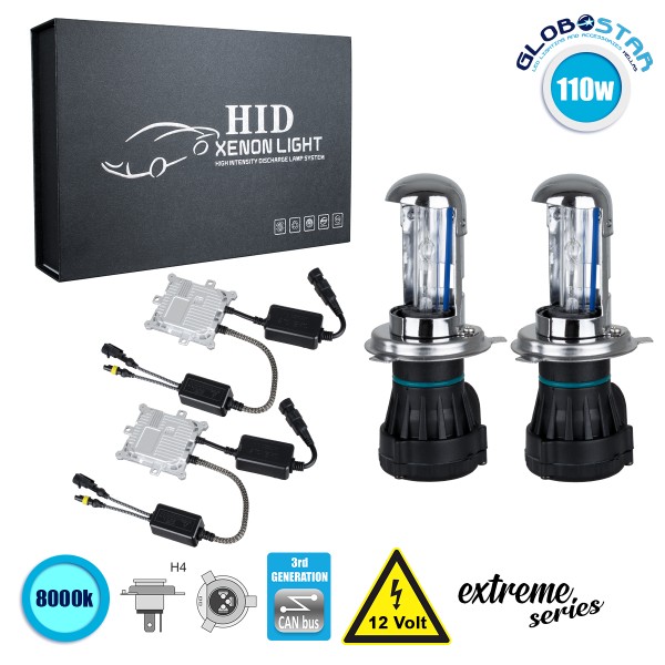 GloboStar® 84157 H4 XCB Line KIT Βασικού Φωτισμού Αυτοκινήτου & Μοτοσυκλέτας 3rd Generation Can-Bus Extreme Series Bi-XENON 110W 10350lm DC 9-16V Αδιάβροχο IP65 Ψυχρό Λευκό 8000K
