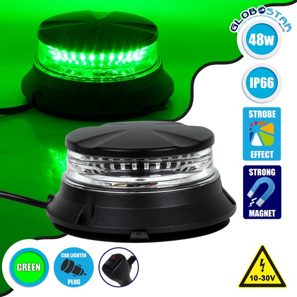 GloboStar® 85169 PRO Series Φάρος Σήμανσης Οχήματος Security - Ασφαλείας για Αυτοκίνητα & Φορτηγά 6 Προγραμμάτων Φωτισμού STROBE LED SMD 3030 48W DC 10-30V Αδιάβροχος IP66 Πράσινο