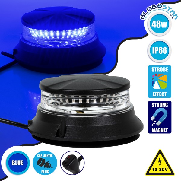 GloboStar® 85170 PRO Series Φάρος Σήμανσης Οχήματος Αστυνομίας για Αυτοκίνητα & Φορτηγά 6 Προγραμμάτων Φωτισμού STROBE LED SMD 3030 48W DC 10-30V Αδιάβροχος IP66 Μπλε