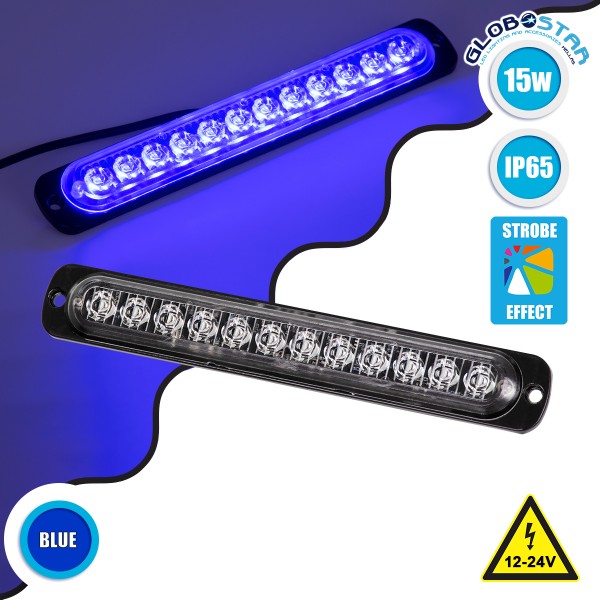 GloboStar® 85268 PRO Series Μπάρα Σήμανσης Οχήματος Αστυνομίας για Αυτοκίνητα & Φορτηγά 10 Προγραμμάτων Φωτισμού STROBE LED SMD 3030 15W DC 12-24V Αδιάβροχη IP65 Μπλε