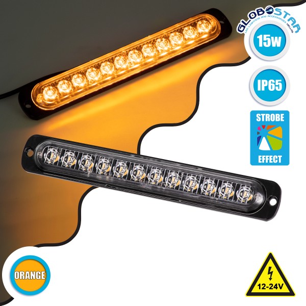 GloboStar® 85269 PRO Series Μπάρα Σήμανσης Οχήματος Οδικής Βοήθείας για Αυτοκίνητα & Φορτηγά 10 Προγραμμάτων Φωτισμού STROBE LED SMD 3030 15W DC 12-24V Αδιάβροχη IP65 Πορτοκαλί