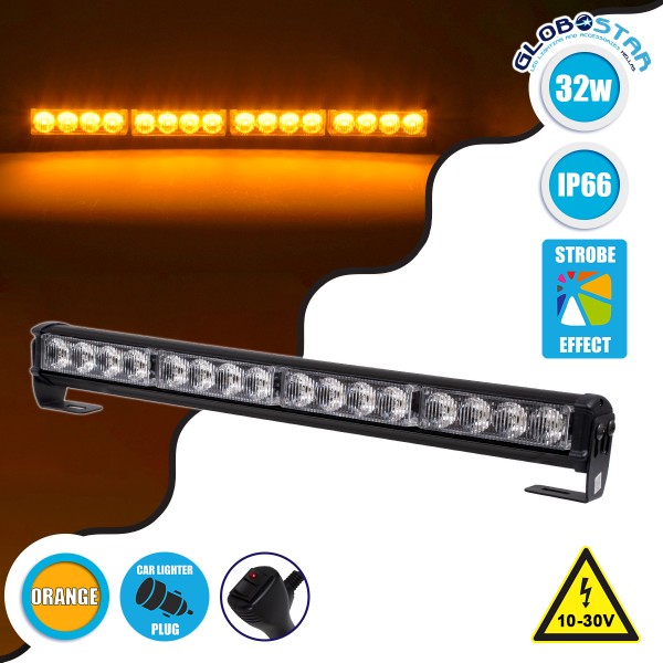 GloboStar® 85275 PRO Series Μπάρα Σήμανσης Οχήματος Οδικής Βοήθείας για Αυτοκίνητα & Φορτηγά 16 Προγραμμάτων Φωτισμού STROBE LED SMD 3030 32W DC 10-30V Αδιάβροχη IP66 Πορτοκαλί