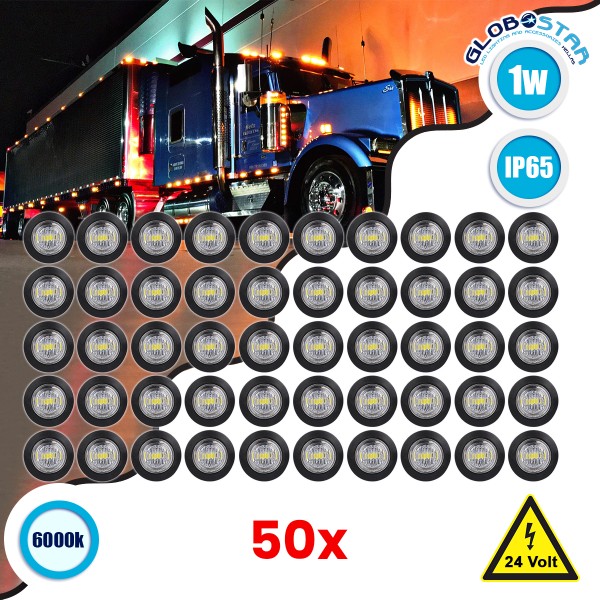 GloboStar® 85307 Πακέτο 50 Τεμάχια Φώτα Όγκου για Φορτηγά BULLET PIN LED SMD 5730 1W / Τεμ. 100lm DC 24V Αδιάβροχα IP65 Ψυχρό Λευκό 6000K