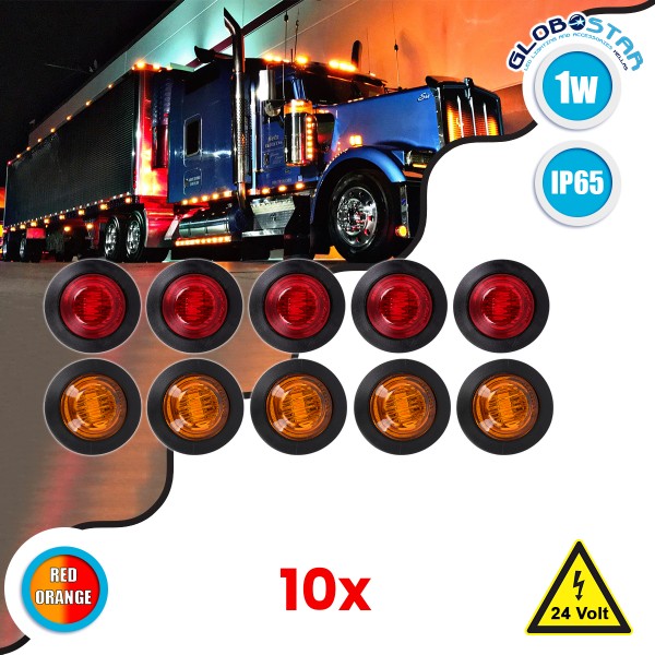 GloboStar® 85308 Πακέτο 10 Τεμάχια Φώτα Όγκου για Φορτηγά BULLET PIN LED SMD 5730 1W / Τεμ. 100lm DC 24V Αδιάβροχα IP65 5x Κόκκινα - 5x Πορτοκαλί