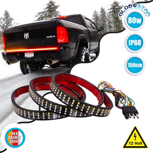 GloboStar® 85330 Car Backlit LED Strip Εύκαμπτη Ταινία 150cm Σήμανσης DRL Αυτοκινήτου 6 Προγραμμάτων Φωτισμού LED SMD 2835 80W DC 12V Αδιάβροχη IP68 Πορτοκαλί - Κόκκινο - Ψυχρό Λευκό 6000K