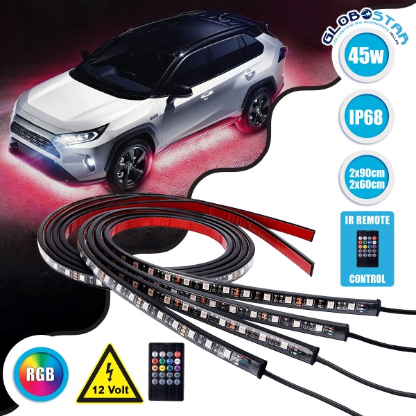 GloboStar® 85332 Car Underbody LED Tube Kit DC 12V 45W με Ασύρματο Χειριστήριο IR Αδιάβροχο IP68 Πολύχρωμο RGB