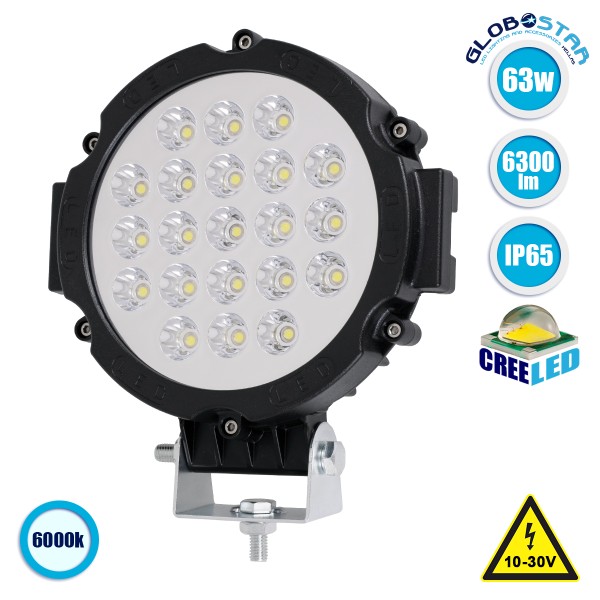 GloboStar® 85413 PRO Series Προβολέας Εργασίας Μαύρος - Working Light για Αυτοκίνητα & Φορτηγά LED CREE XBD 63W 6300lm DC 10-30V Αδιάβροχος IP65 Ψυχρό Λευκό 6000K