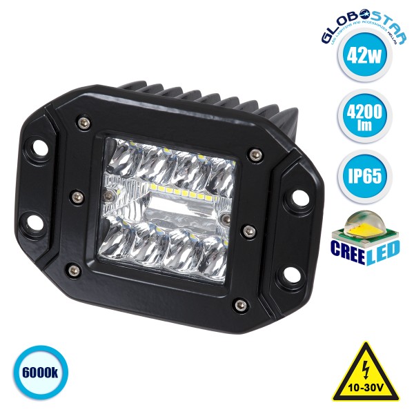GloboStar® 85442 PRO Series Χωνευτός Προβολέας Εργασίας - Φώτα Ημέρας - Working Light - DRL για Αυτοκίνητα & Φορτηγά LED CREE XBD 42W 4200lm DC 10-30V Αδιάβροχο IP65 Ψυχρό Λευκό 6000K