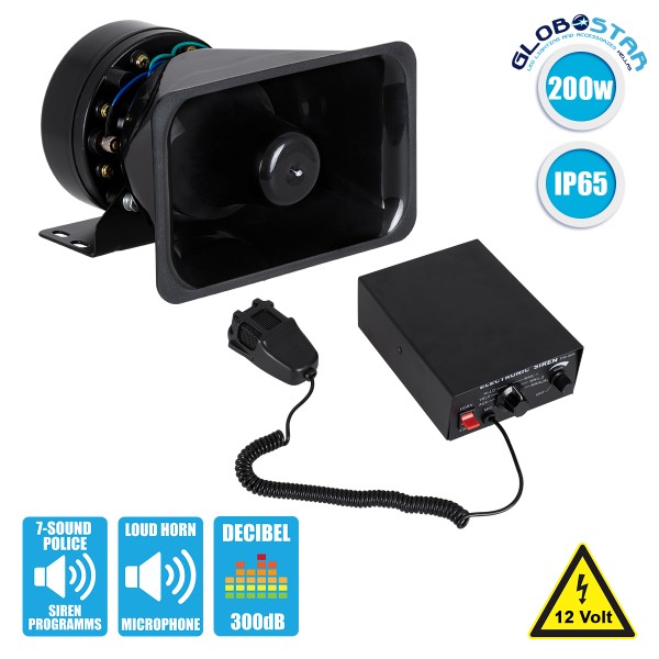 GloboStar® 85699 Τηλεβόας - Ντουντούκα - Σειρήνα - Κόρνα Αυτοκινήτου με 7 Προγράμματα Ήχητικών Εφέ Αστυνομίας - Πυροσβεστικής - Security με Μικρόφωνο - 200W 300db DC 12V Αδιάβροχο IP65