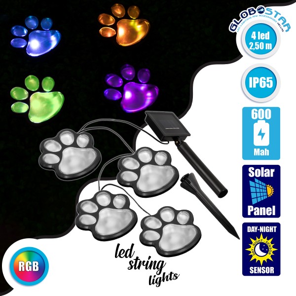 85700 Διακοσμητική Γιρλάντα Anime Footprints 2.5 Μέτρων με Controller 8 Προγραμμάτων Φωτισμού - 4 LED 1W με Ενσωματωμένη Μπαταρία 600mAh - Φωτοβολταϊκό Πάνελ - Αισθητήρα Ημέρας-Νύχτας - Βάση Κήπου & Μαύρο Καλώδιο Αδιάβροχη IP65 Πολύχρωμη RGB Μ2