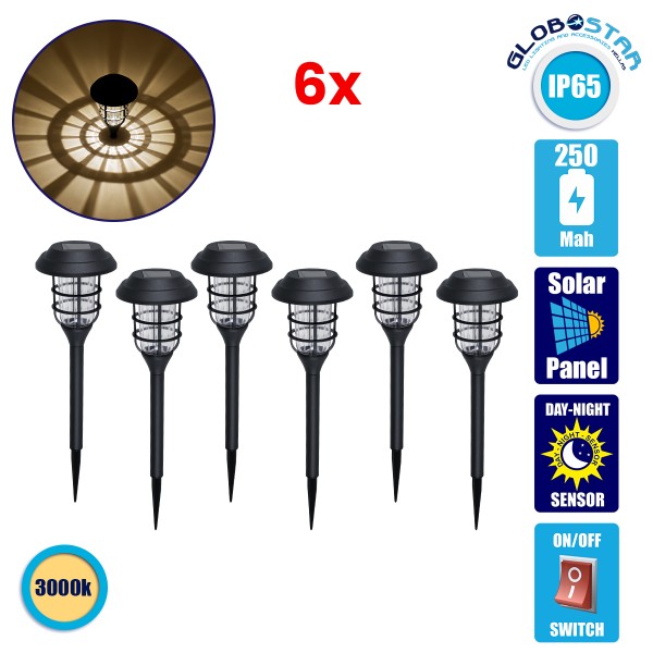 GloboStar® 85704 ΣΕΤ 6 Τεμαχίων Αυτόνομα Ηλιακά Φωτιστικά LED SMD 1W 100lm με Ενσωματωμένη Μπαταρία 250mAh - Φωτοβολταϊκό Πάνελ με Αισθητήρα Ημέρας-Νύχτας Αδιάβροχο IP65 Φανάρι Κήπου Στρογγυλό Θερμό Λευκό 3000K