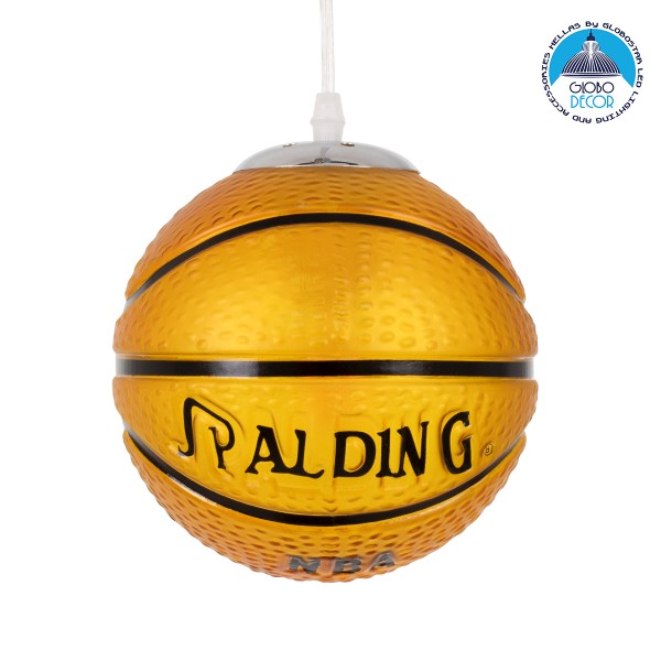 GloboStar® SPALDING NBA 00645 Παιδικό Κρεμαστό Φωτιστικό Μπάλα Μονόφωτο 1 x E27 IP20 Πορτοκαλί & Μαύρο Γυαλί - Μ18 x Π18 x Υ18cm
