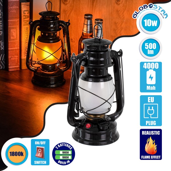 GloboStar® 76546 Vintage Επιτραπέζιο Διακοσμητικό Φωτιστικό LED Retro Μαύρο Φαναράκι Flame Effect 10W 500lm Επαναφορτιζόμενο με Διακόπτη On/Off & Καλώδιο EU Πρίζα - Μπαταρίας 2x18650 4000Mah (Περιλαμβάνονται) Ultra Θερμό Λευκό 1800K