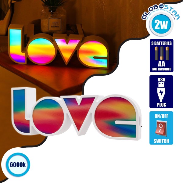 GloboStar® 76553 Μοντέρνο Επιτραπέζιο Διακοσμητικό Φωτιστικό LED Σήμανσης MULTICOLOR LOVE 2W με Διακόπτη On/Off & Καλώδιο Τροφοδοσίας USB - Μπαταρίας 3xAAA (Δεν Περιλαμβάνονται) Ψυχρό Λευκό 6000K