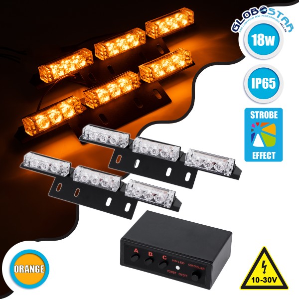 GloboStar® 85009 PRO Series ΣΕΤ 2 x Μπάρες Σήμανσης Οχήματος Οδικής Βοήθείας για Αυτοκίνητα & Φορτηγά 3 Προγραμμάτων Φωτισμού STROBE LED HIGH POWER 18W DC 10-30V Αδιάβροχο IP65 Πορτοκαλί