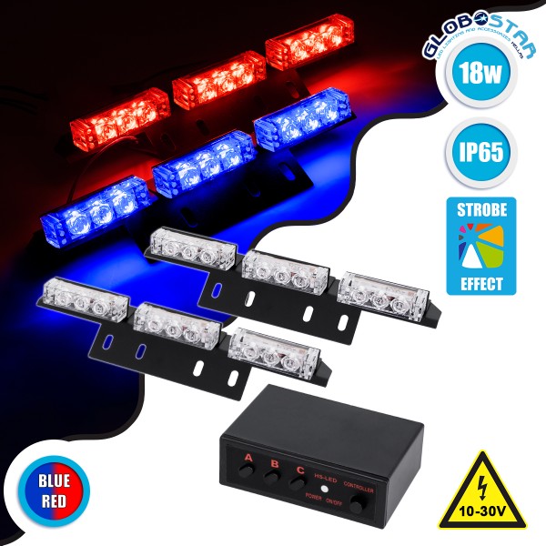 GloboStar® 85011 PRO Series ΣΕΤ 2 x Μπάρες Σήμανσης Οχήματος Αστυνομίας για Αυτοκίνητα & Φορτηγά 3 Προγραμμάτων Φωτισμού STROBE LED HIGH POWER 18W DC 10-30V Αδιάβροχο IP65 Μπλε & Κόκκινο