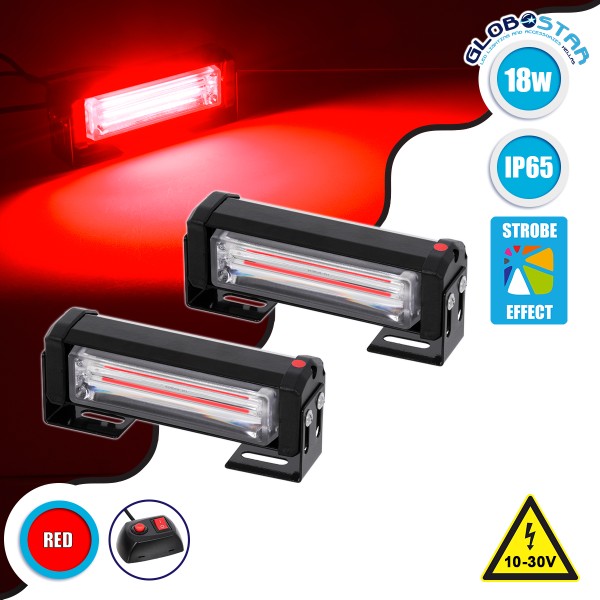GloboStar® 85024 PRO Series ΣΕΤ 2 x Μπάρες Σήμανσης Οχήματος Πυροσβεστικής για Αυτοκίνητα & Φορτηγά 13 Προγραμμάτων Φωτισμού STROBE LED CREE CXB COB 18W DC 10-30V Αδιάβροχο IP65 Κόκκινο