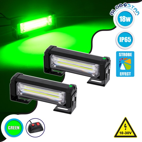 GloboStar® 85025 PRO Series ΣΕΤ 2 x Μπάρες Σήμανσης Οχήματος Πυροσβεστικής για Αυτοκίνητα & Φορτηγά 13 Προγραμμάτων Φωτισμού STROBE LED CREE CXB COB 18W DC 10-30V Αδιάβροχο IP65 Πράσινο
