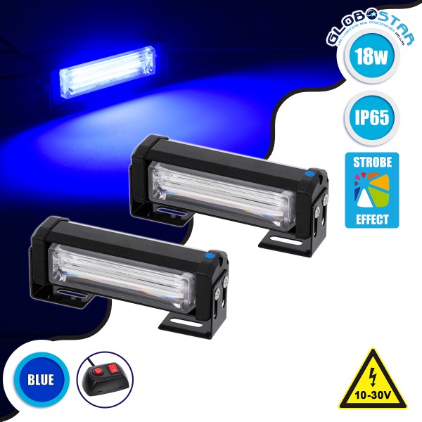 GloboStar® 85026 PRO Series ΣΕΤ 2 x Μπάρες Σήμανσης Οχήματος Αστυνομίας για Αυτοκίνητα & Φορτηγά 13 Προγραμμάτων Φωτισμού STROBE LED CREE CXB COB 18W DC 10-30V Αδιάβροχο IP65 Μπλε