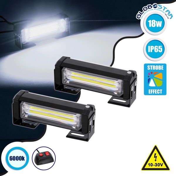 GloboStar® 85028 PRO Series ΣΕΤ 2 x Μπάρες Σήμανσης Οχήματος Ασθενοφόρου για Αυτοκίνητα & Φορτηγά 13 Προγραμμάτων Φωτισμού LED CREE CXB COB 18W DC 10-30V Αδιάβροχο IP65 Ψυχρό Λευκό 6000K
