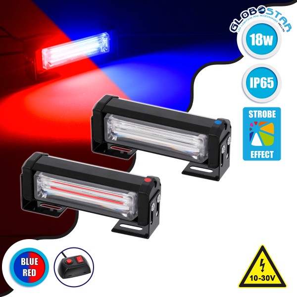 GloboStar® 85029 PRO Series ΣΕΤ 2 x Μπάρες Σήμανσης Οχήματος Αστυνομίας για Αυτοκίνητα & Φορτηγά 13 Προγραμμάτων Φωτισμού LED CREE CXB COB 18W DC 10-30V Αδιάβροχο IP65 Κόκκινο & Μπλε