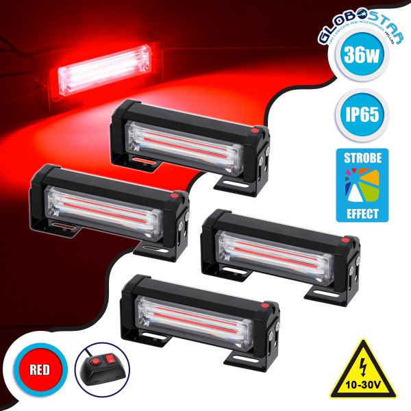 GloboStar® 85030 PRO Series ΣΕΤ 4 x Μπάρες Σήμανσης Οχήματος Πυροσβεστικής για Αυτοκίνητα & Φορτηγά 13 Προγραμμάτων Φωτισμού STROBE LED CREE CXB COB 36W DC 10-30V Αδιάβροχο IP65 Κόκκινο