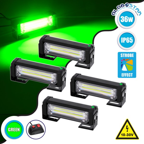 GloboStar® 85031 PRO Series ΣΕΤ 4 x Μπάρες Σήμανσης Οχήματος Πυροσβεστικής για Αυτοκίνητα & Φορτηγά 13 Προγραμμάτων Φωτισμού STROBE LED CREE CXB COB 36W DC 10-30V Αδιάβροχο IP65 Πράσινο