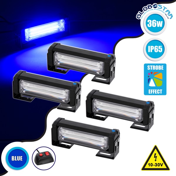 GloboStar® 85032 PRO Series ΣΕΤ 4 x Μπάρες Σήμανσης Οχήματος Αστυνομίας για Αυτοκίνητα & Φορτηγά 13 Προγραμμάτων Φωτισμού STROBE LED CREE CXB COB 36W DC 10-30V Αδιάβροχο IP65 Μπλε