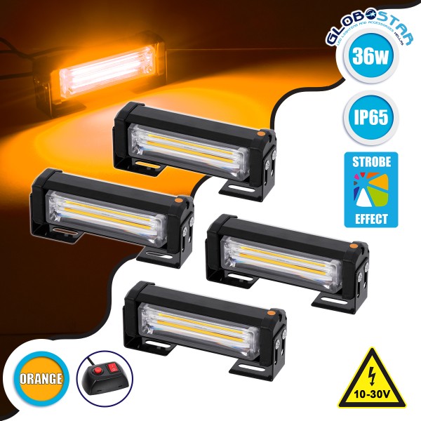 GloboStar® 85033 PRO Series ΣΕΤ 4 x Μπάρες Σήμανσης Οχήματος Οδικής Βοήθείας για Αυτοκίνητα & Φορτηγά 13 Προγραμμάτων Φωτισμού LED CREE CXB COB 36W DC 10-30V Αδιάβροχο IP65 Πορτοκαλί