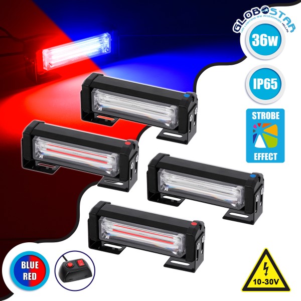 GloboStar® 85035 PRO Series ΣΕΤ 4 x Μπάρες Σήμανσης Οχήματος Αστυνομίας για Αυτοκίνητα & Φορτηγά 13 Προγραμμάτων Φωτισμού LED CREE CXB COB 36W DC 10-30V Αδιάβροχο IP65 Κόκκινο & Μπλε