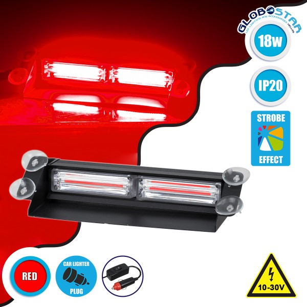 GloboStar® 85112 PRO Series Μπάρα Σήμανσης με Βεντούζες Στήριξης για Παρμπρίζ Οχήματος Πυροσβεστικής για Αυτοκίνητα & Φορτηγά 13 Προγραμμάτων Φωτισμού STROBE LED CREE CXB COB 18W DC 10-30V IP20 Κόκκινο