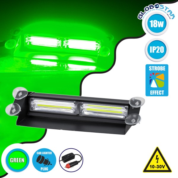 GloboStar® 85113 PRO Series Μπάρα Σήμανσης με Βεντούζες για Παρμπρίζ Οχήματος Security - Ασφαλείας για Αυτοκίνητα & Φορτηγά 13 Προγραμμάτων Φωτισμού STROBE LED CREE CXB COB 18W DC 10-30V IP20 Πράσινο