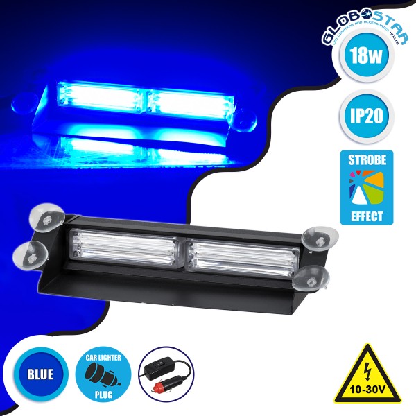 GloboStar® 85114 PRO Series Μπάρα Σήμανσης με Βεντούζες για Παρμπρίζ Οχήματος Αστυνομίας για Αυτοκίνητα & Φορτηγά 13 Προγραμμάτων Φωτισμού STROBE LED CREE CXB COB 18W DC 10-30V IP20 Μπλε