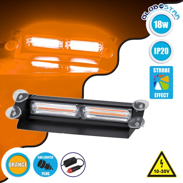 GloboStar® 85115 PRO Series Μπάρα Σήμανσης με Βεντούζες για Παρμπρίζ Οχήματος Οδικής Βοήθείας για Αυτοκίνητα & Φορτηγά 13 Προγραμμάτων Φωτισμού LED CREE CXB COB 18W DC 10-30V IP20 Πορτοκαλί
