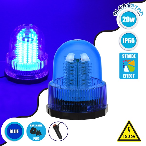 GloboStar® 85158 PRO Series Φάρος Σήμανσης Οχήματος Αστυνομίας για Αυτοκίνητα & Φορτηγά 6 Προγραμμάτων Φωτισμού STROBE LED 20W DC 10-30V Αδιάβροχος IP65 Μπλε