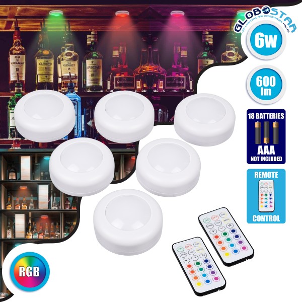 GloboStar® 85818 Φωτιστικά Νυκτός Μπαταρίας LED SMD 5050 6W 600lm με Ασύρματο Χειριστήριο RF - ΣΕΤ 6 Τεμαχίων Πολύχρωμα RGB