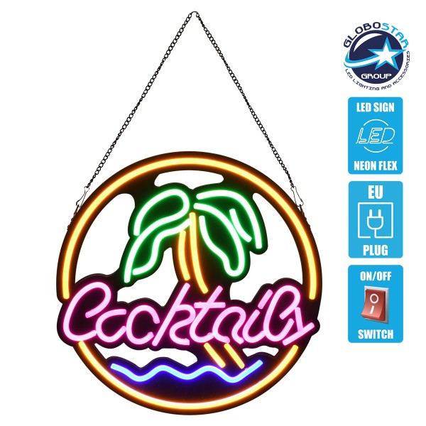 GloboStar® 85851 Φωτιστικό Ταμπέλα Φωτεινή Επιγραφή NEON LED Σήμανσης COCKTAILS 30W AC 230V με Διακόπτη On/Off Ροζ - Γαλάζιο - Κίτρινο - Πράσινο