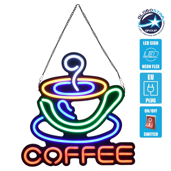 GloboStar® 85855 Φωτιστικό Ταμπέλα Φωτεινή Επιγραφή NEON LED Σήμανσης COFFEE 30W AC 230V με Διακόπτη On/Off Λευκό - Γαλάζιο - Κίτρινο - Πράσινο - Κόκκινο