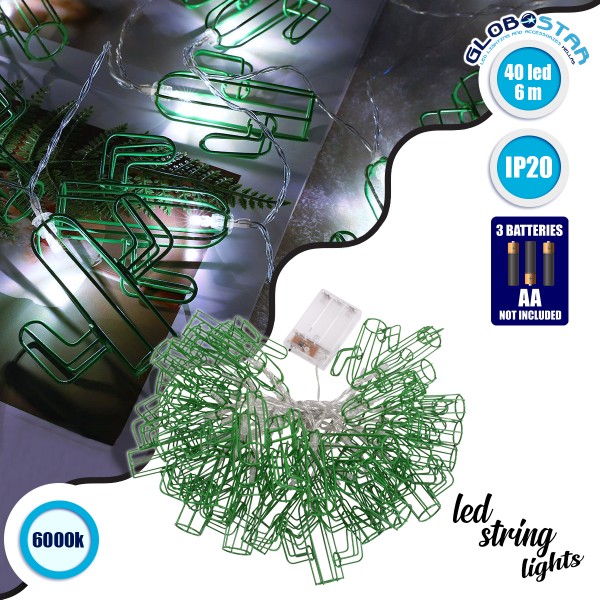 79802 Διακοσμητική Γιρλάντα Green Cactus 6 Μέτρα με Διακόπτη On/Off - 40 LED 4W με Μπαταρίες 3xAA & Διάφανο Καλώδιο IP20 Ψυχρό Λευκό 6000K Μ6m